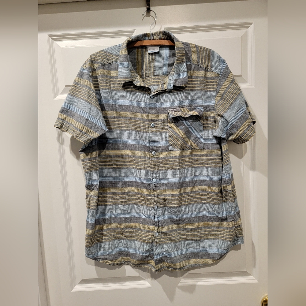 Columbia Mens Button Up Plaid Shirt Short Sleeve Collared Beige Gray Size XL
